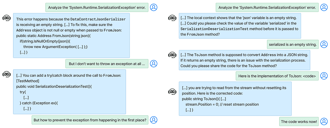 In the image, we see two Human-AI debugging conversations side by side, both working on the same task but with different AI assistants. On the left side, the assistant suggests using an if-else block to catch and throw an exception. The user responds that they do not want to throw any exceptions. The assistant then proposes a try-catch block instead. The user ends the conversation by asking how to prevent the exception from occurring in the first place. The assistant makes assumptions without clarifying details about the scenario, leading to a superficial and unusable fix. On the right side, the assistant starts by asking the user to check a variable's value at a specific state. The user replies that the variable is empty. The assistant then forms a hypothesis and requests the relevant code file from the user. After receiving the code, the assistant provides a simple fix. The user ends the conversation by confirming that the solution worked. Here, the assistant actively investigates the error, collaborates with the user to gather information, and delivers a practical solution.