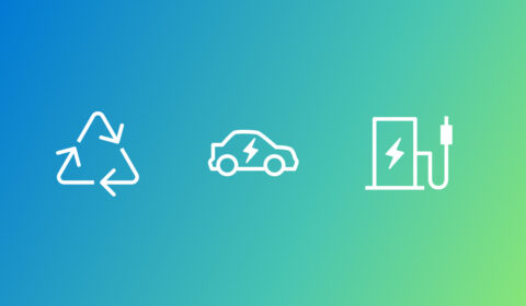 white icons symbolizing renewable electric energy on a blue and green gradient background