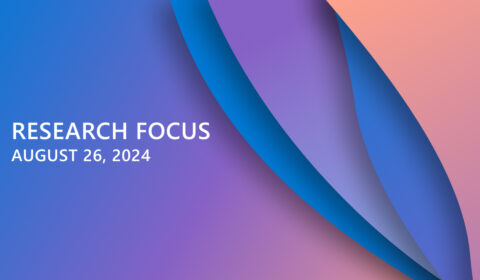 Decorative graphic with wavy shapes in the background in blues and purples. Text overlay in center left reads: “Research Focus: August 26, 2024”