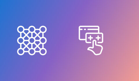 White icons representing AI and human computer interaction on a blue to purple to pink gradient.