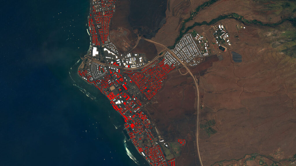 AI for Good - an aerial view of Lahaina Maui that shows which areas were devastated by fire in August 2023