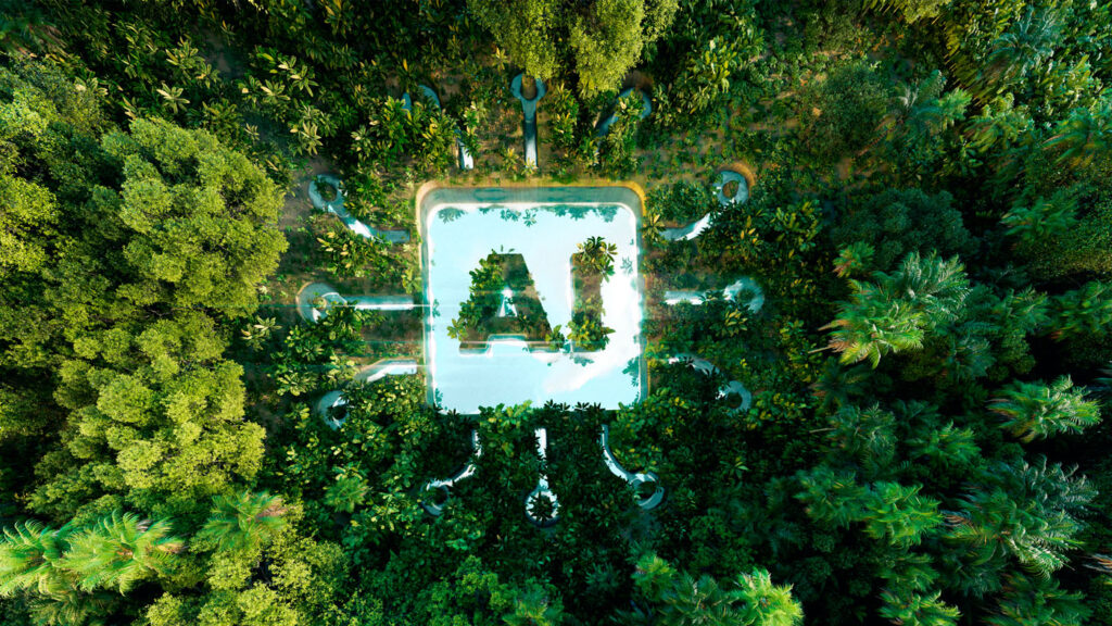 AI4Good - Expand Opportunity | abstract image of an AI chip embedded in a forest clearing