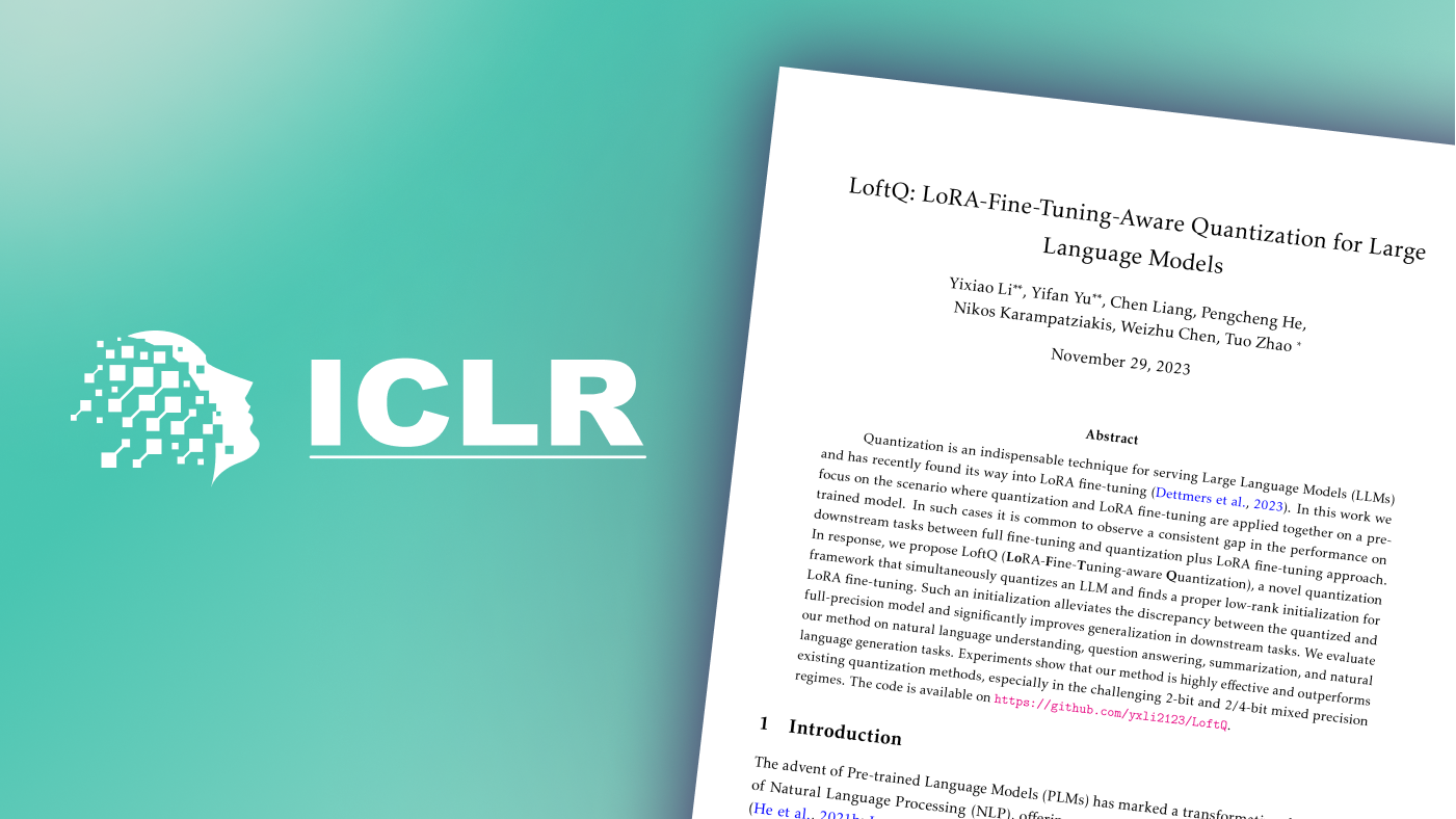 Teal background with ICLR logo on the right (head and face) with LoftQ paper on the right.