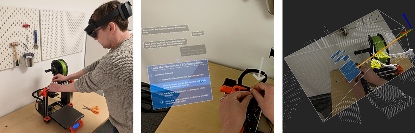 Left: A person using SIGMA running on a HoloLens 2 to perform a procedural task. Middle: First-person view showing SIGMA’s task-guidance panel and task-specific holograms. Right: 3D visualization of the system's scene understanding showing the egocentric camera view, depth map, detected objects, gaze, hand and head pose.