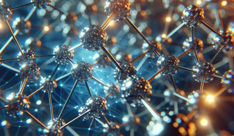 The image features a complex network of interconnected nodes with a molecular structure, illuminated in blue against a dark background.