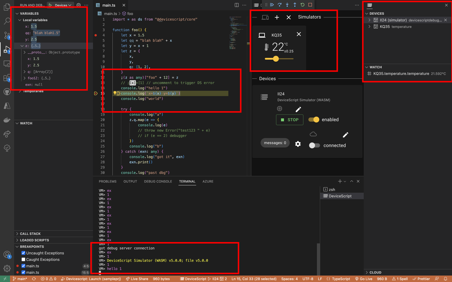 Screenshot of visual studio code with user interface of devicescript