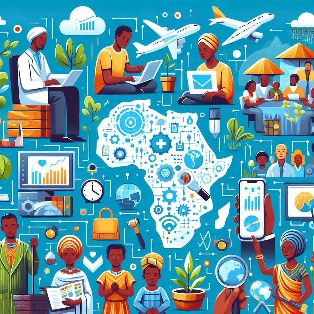 Collage image surrounding the map of Africa highlighting the diversity of people, technology and talent