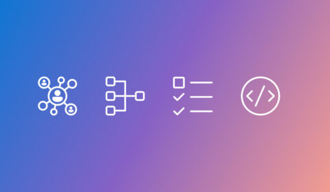 AutoGen: White icons representing (from left to right) agents (multi), workflow, tasks, and coding on a blue to purple to pink gradient background.