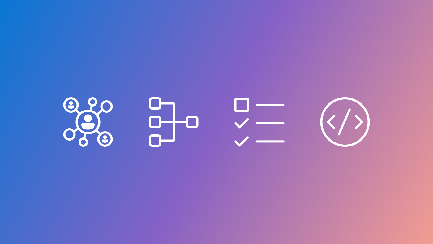 White icons representing (from left to right) agents (multi), workflow, tasks, and coding on a blue to purple to pink gradient background.