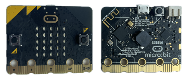 The BBC micro:bit (version 2), front and back sides.