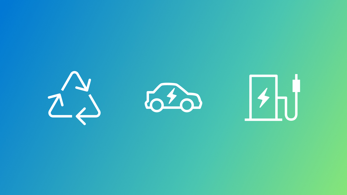 white icons symbolizing renewable electric energy on a blue and green gradient background
