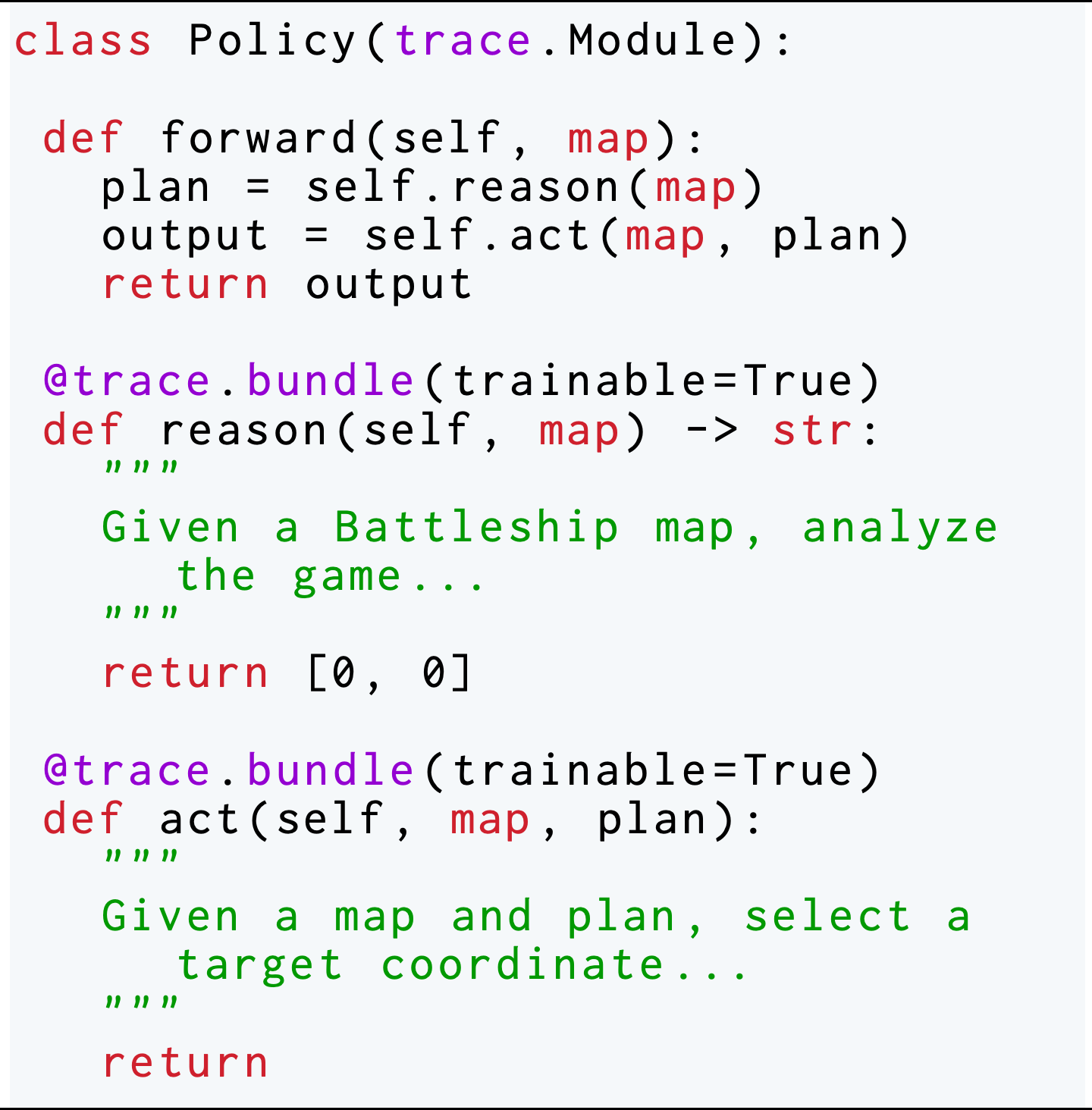 The agent’s policy is defined as the composition of a reason step and an act step. The codes of both steps are marked as trainable and are initialized as trivial functions. A basic description of what each function is supposed to behave is provided as docstrings in the function definition. 
