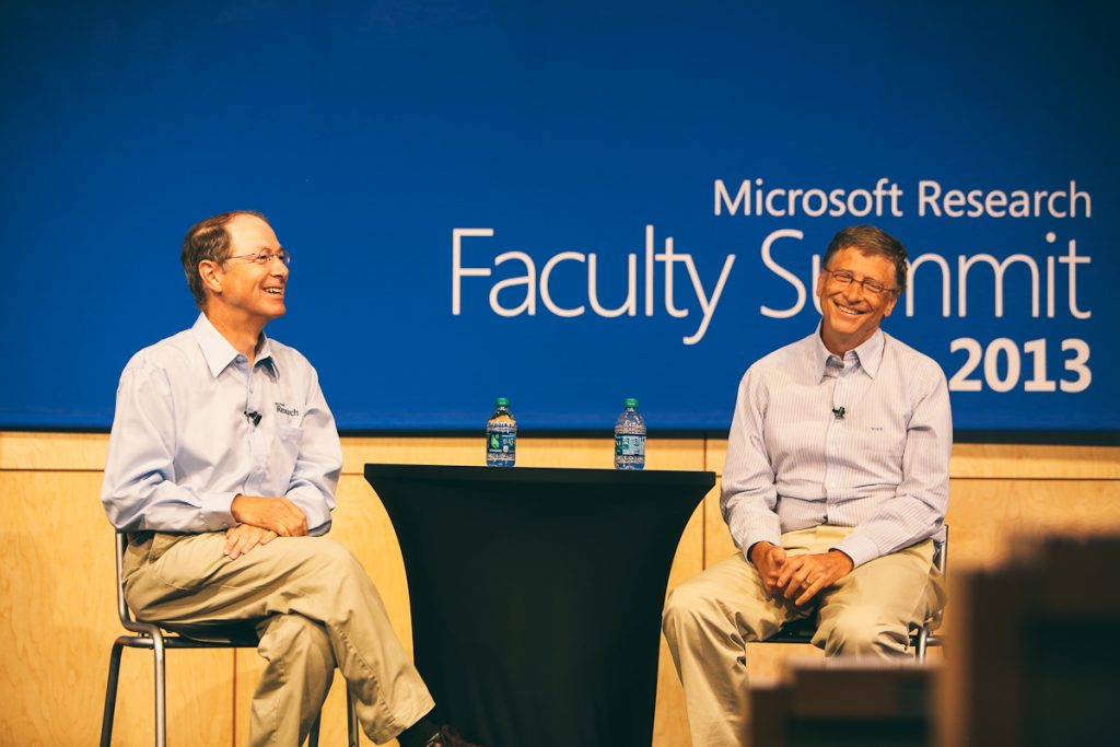Microsoft corporate vice president, Rick Rashid, moderates Q&A session with Bill Gates, Microsoft chairman July 15 during the opening keynote of the Microsoft Research Faculty Summit 2013.