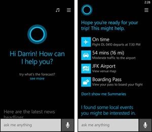 Screen capture of the Cortana help screen