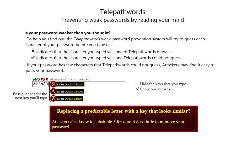 Telepathwords user interface