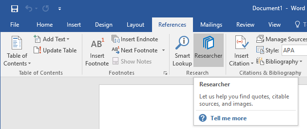 screenshot of the References tab in Word showing the Researcher button