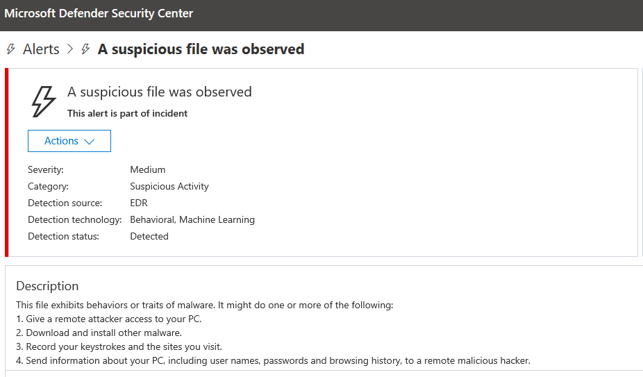 Microsoft Defender ATP alert for A suspicious file was observed