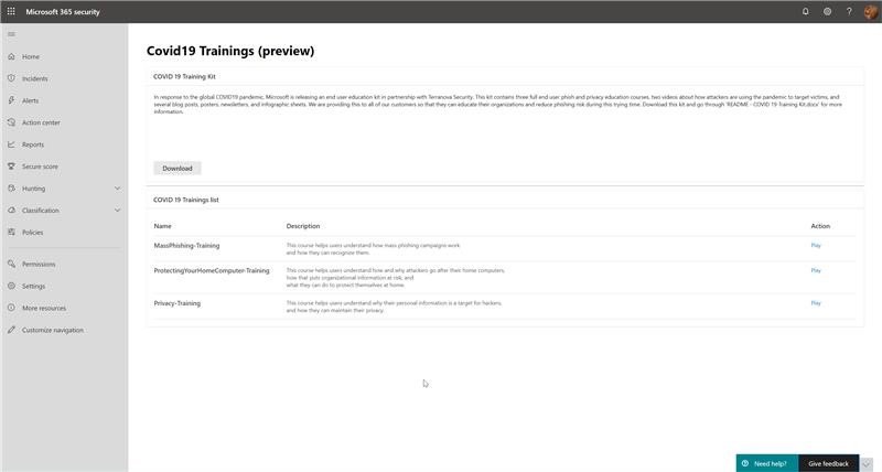 For Security Professionals, we have created a simple way to host and deliver the training material within your own environment or direct your users to the M365 security portal, where the trainings are hosted as seen below. All authenticated M365 users will be able to access the training on the portal. Admins will see the option to download the kit as well. Follow the simple steps, detailed in the README, to deploy the awareness kits to your remote workforce. 