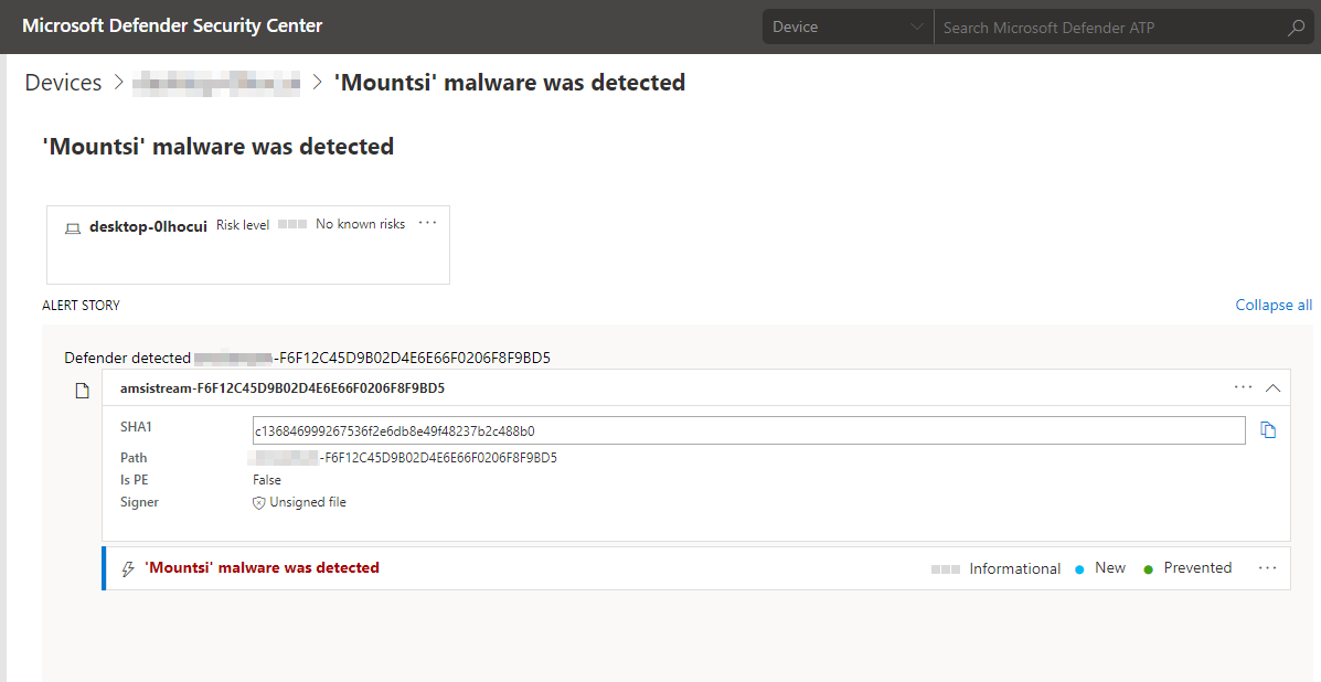 Screenshot of Microsoft Defender Security Center showing detection of SharpHound