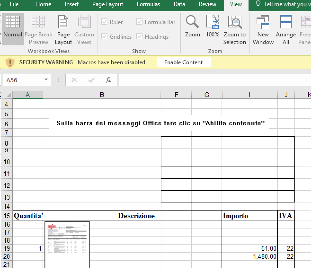 Screenshot of malicious Excel document with instructions in Italian to click “Enable content”