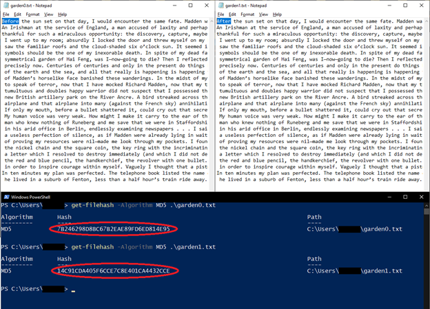 Screenshots of two text files opened in Notepad showing a minor difference in text and comparing their MD5 hashes
