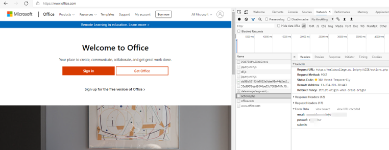 Screenshot of legitimate Office 365 website