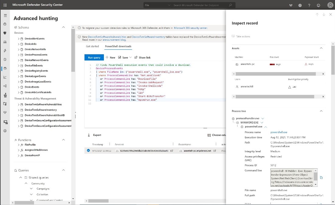 Screengrab from the Microsoft Defender Security Center that shows advanced hunting, a query-based threat hunting tool.