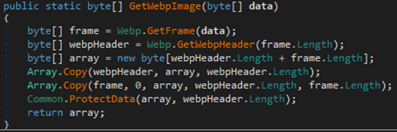 Screenshot of code for GetWebpImage() method masquerading the output of the C2 