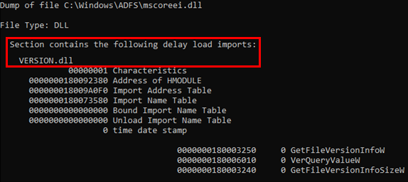 Screenshot showing mscoreei.dll has a delay load import (Delay Import) named version.dll