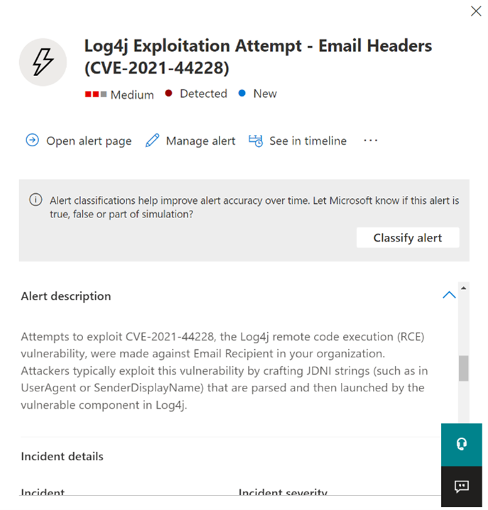Screenshot of Microsoft Defender for Office 365 detection of Log4j exploitation attempt using email headers