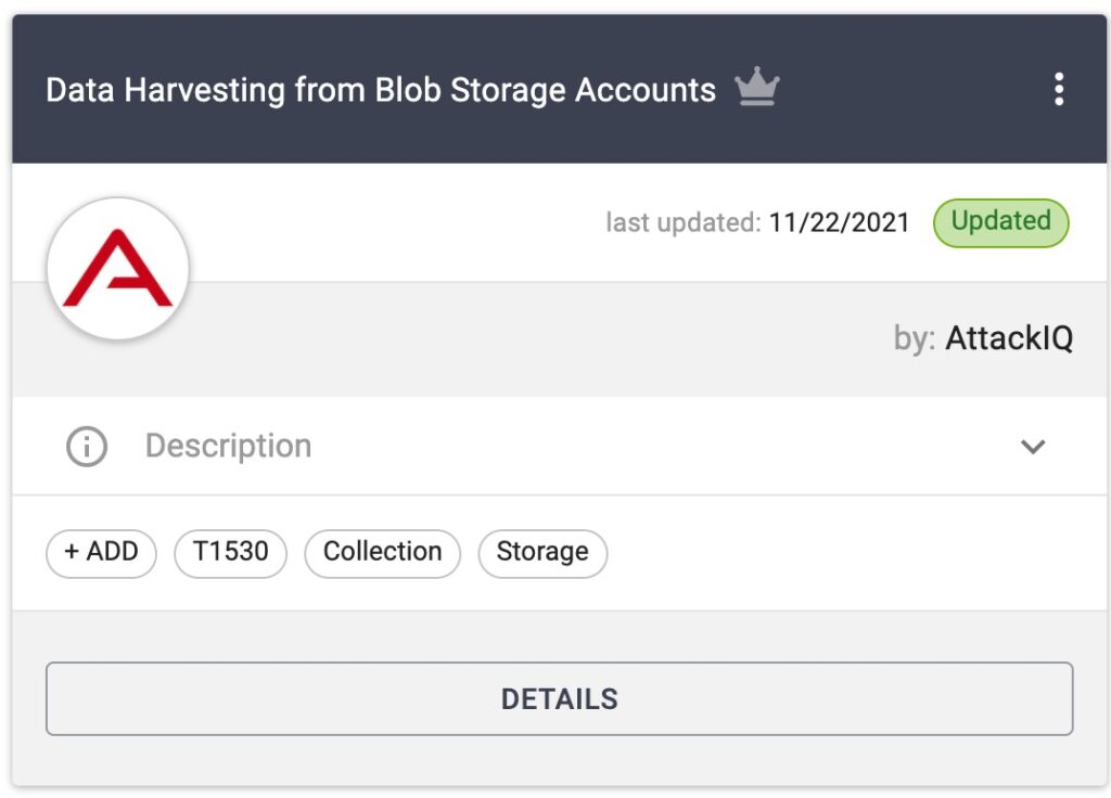 AttackIQ platform showcasing Data Harvesting from Blob Storage accounts.