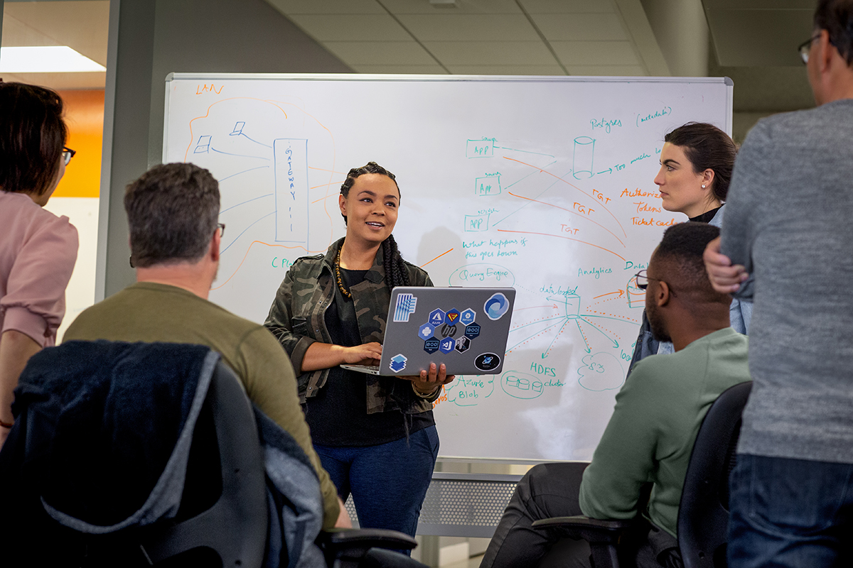 Team members in a team meeting. One woman is standing in front, laptop open. In the background is a whiteboard with writings and drawings.