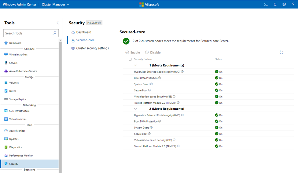 indows Admin Center on Security tab showing Secured-core blade with green check marks next to 2 of 2 clustered nodes meet the requirements for Secured-core Server as well as green check marks indicating positive status on list of security features.