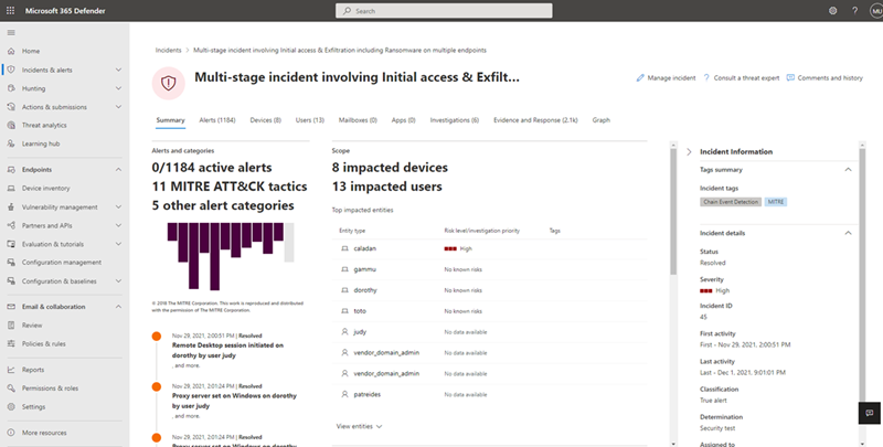Screenshot of Microsoft 365 Defender UI where the top section shows a notification about a multi-stage incident. The summary page provides visualizations of active alerts and lists of impacted devices and users.