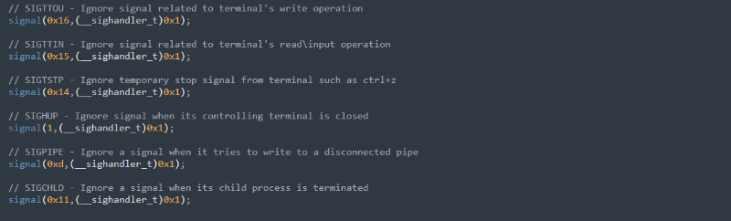 Screenshot of how signals associated with terminal-related operations are ignored.