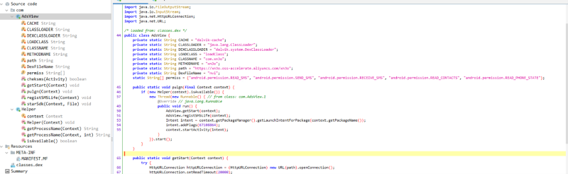 A screenshot of the code of the decrypted asset which is an APK file. 