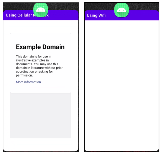A screenshot of two Android mobile browser screens, side by side. The browser screen on the left loads the content of example.com, while the browser screen on the right loads a blank page. 
