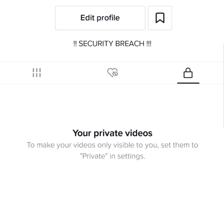An image of a TikTok user's profile with the biography information reading "!! SECURITY BREACH !!!"