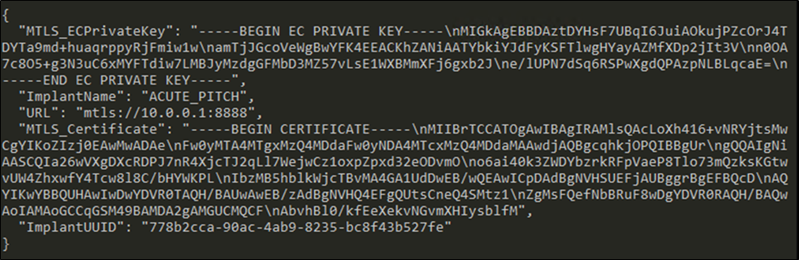Screenshot of a Sliver implant configuration data extracted from the process memory of a Sliver backdoor.