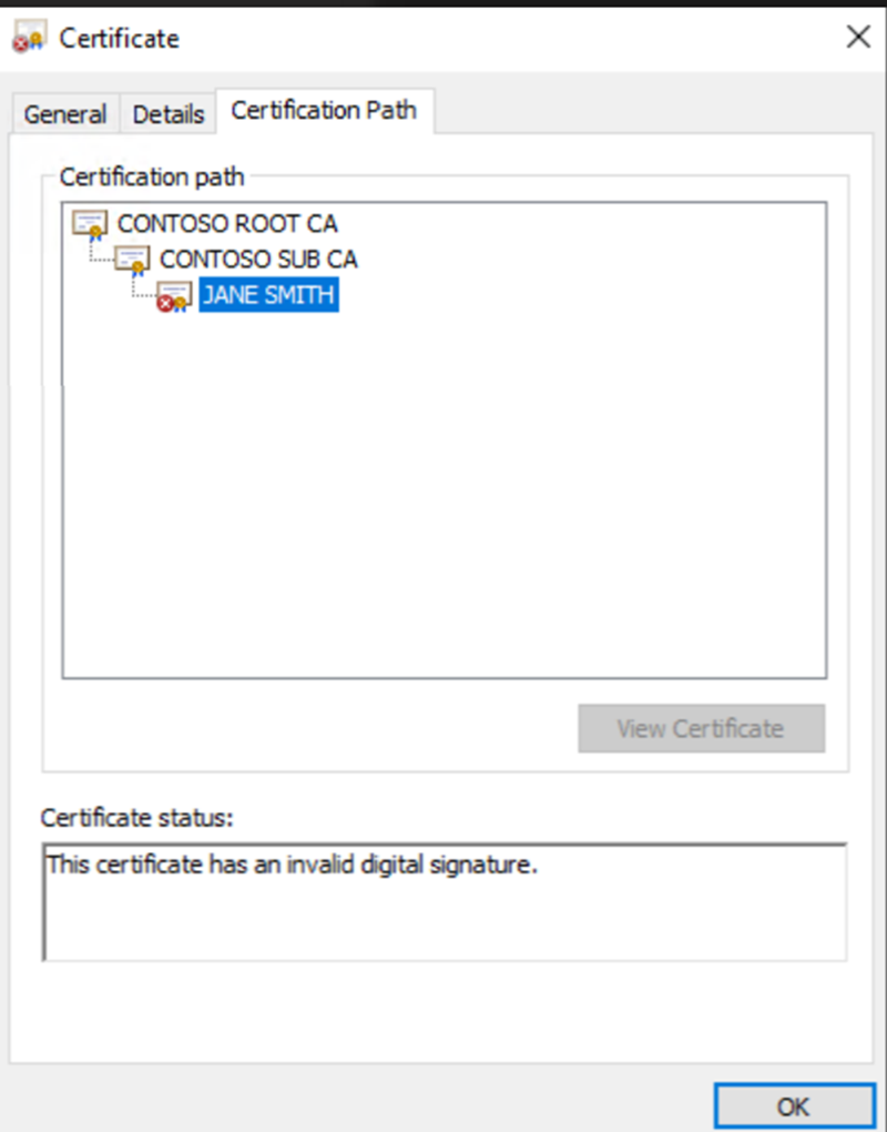 Screenshot of a user certificate's Certification Path tab.