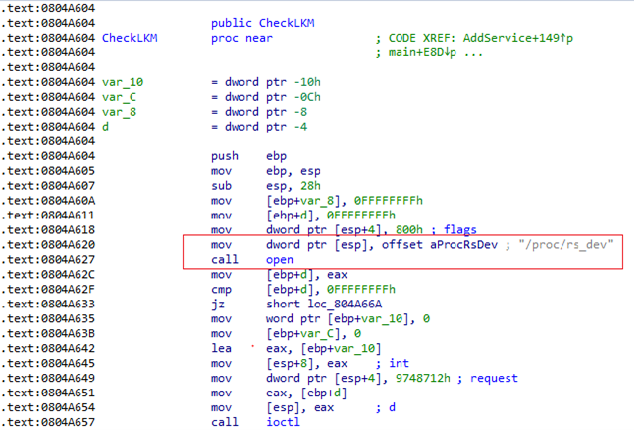 Screenshot of the code where the XorDdos binary uses the /proc/rs_dev device handle to access the rootkit.