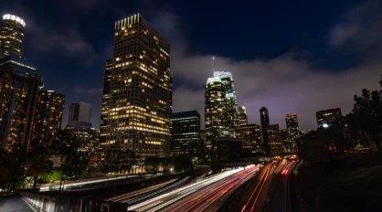 Photograph of time-lapse of nighttime traffic around a city core​