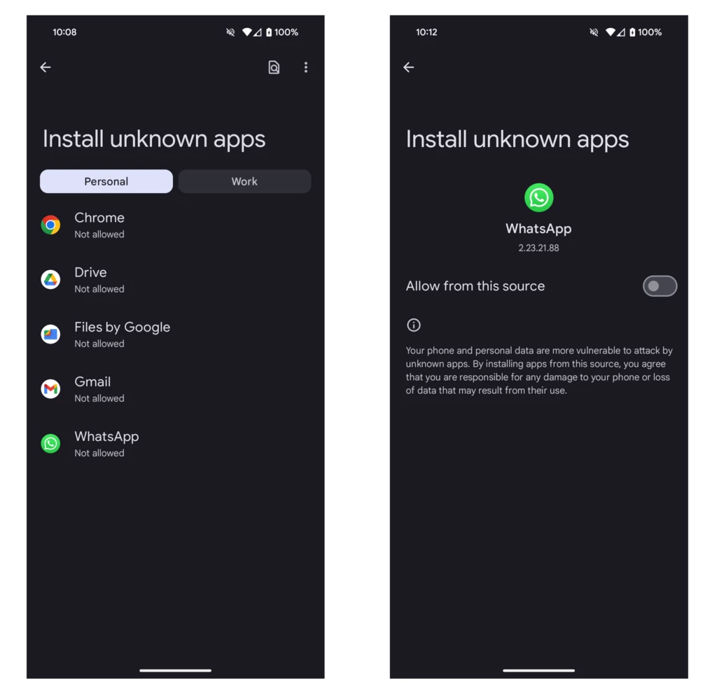 Two mobile screenshots from left to right: Example of the Install unknown apps feature on an Android device, disabling the ability for WhatsApp to install unknown apps. 