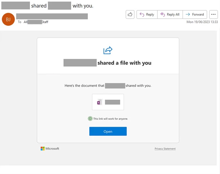 A screenshot of the phishing email sent by the threat actor.